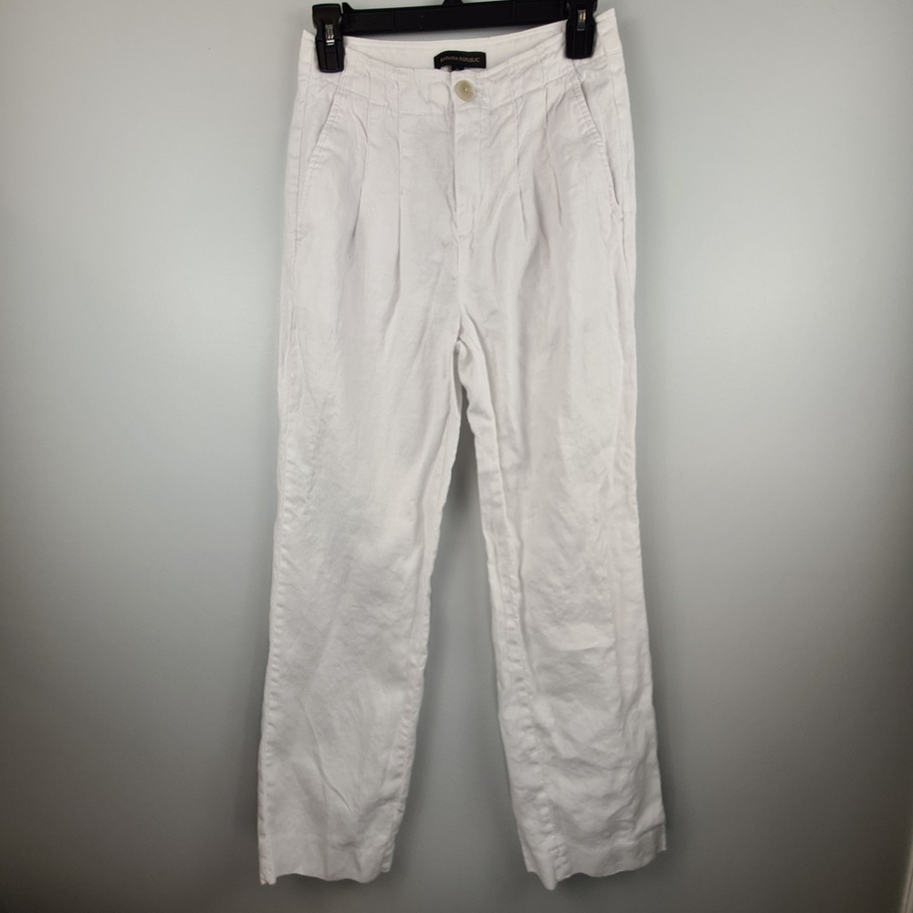 Banana Republic Womens White 100% Linen Pleated Straight Leg Pants Sz 0 Coastal